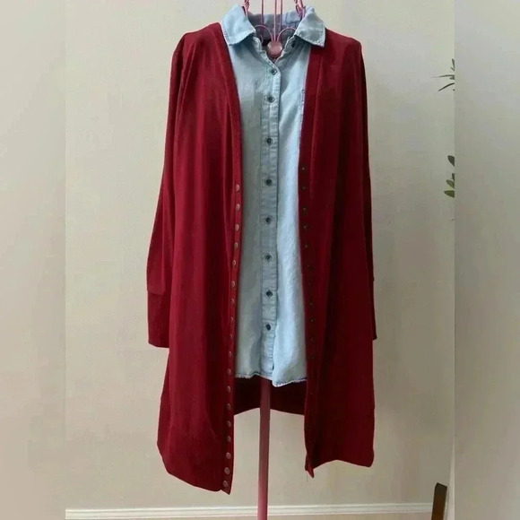 Amazon Essentials Long Burgundy Cardigan Women’s Large Button Front Lagenlook - Picture 1 of 8